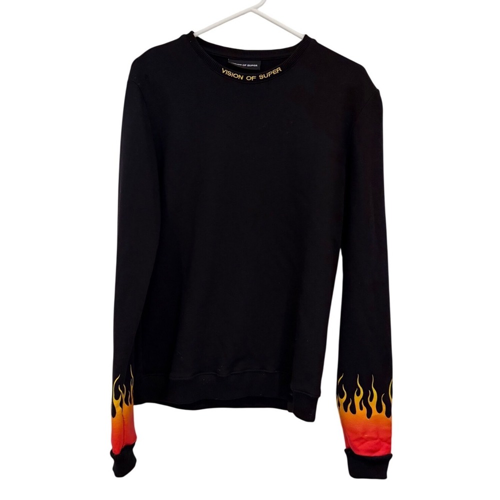 Vision of Super Mens Black Flame Sleeve Crewneck Sweatshirt Size 14 UK EU 42 XL